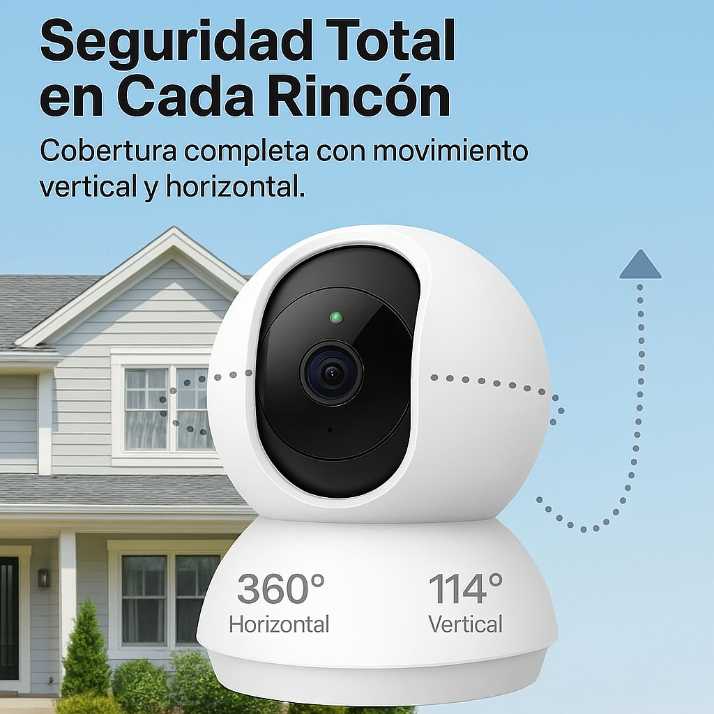 Cámara de seguridad TP-Link Tapo C200 con cobertura de 360 grados horizontal y 114 grados vertical, ideal para vigilancia completa del hogar.