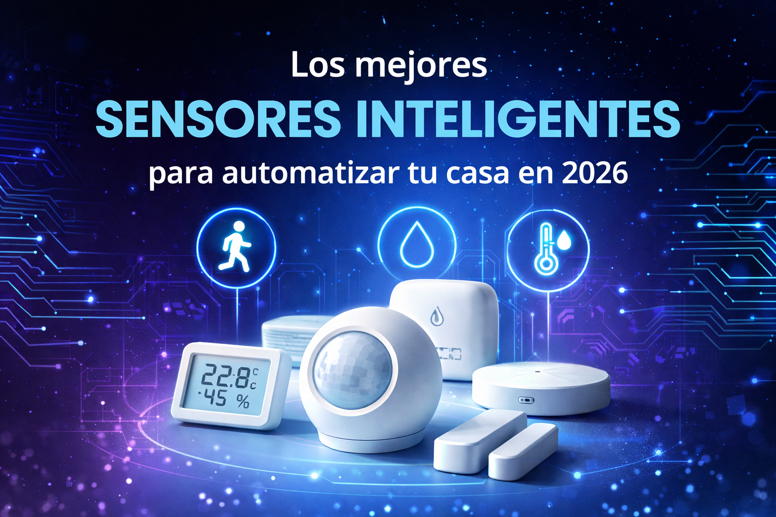 imagen destacada sensores inteligentes para casa domótica, tecnología smart home moderna con texto automatizar tu casa en 2026
