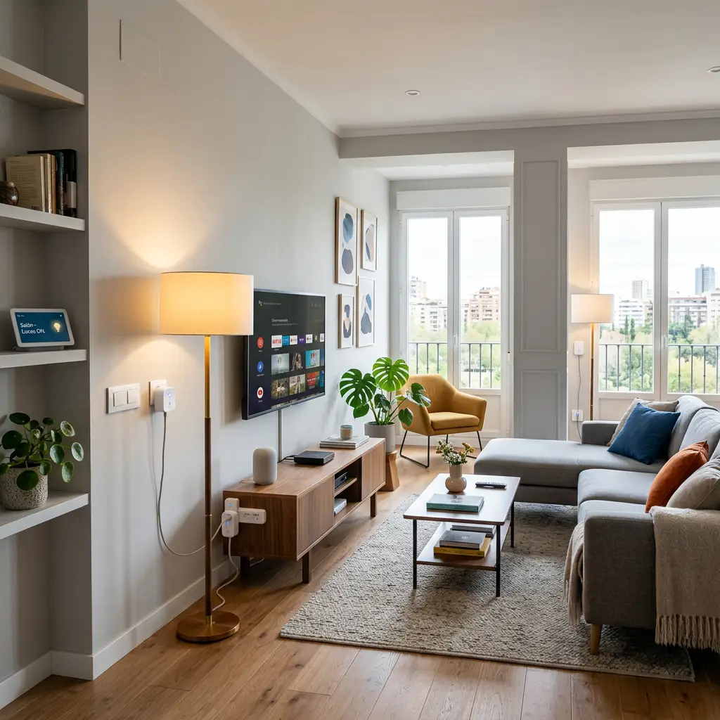 Sala de estar moderna con televisor inteligente, lámpara de pie, sillón, sofá seccional, mesa de centro y grandes ventanales con vista a la ciudad